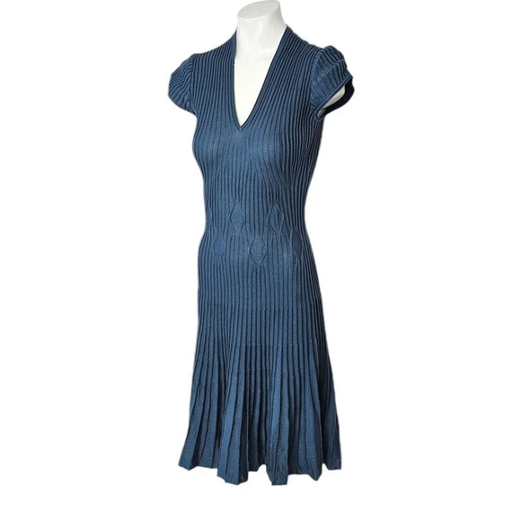 Peruvian Connection Ribbed Geometric Midi Dress Size XS Blue Stretch A-Line - Picture 3 of 9